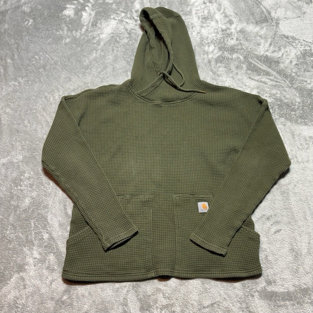 Carhartt Women's Large L 12-14 Waffle Knit Hoodie Olive Green Relaxed Fit Boxy